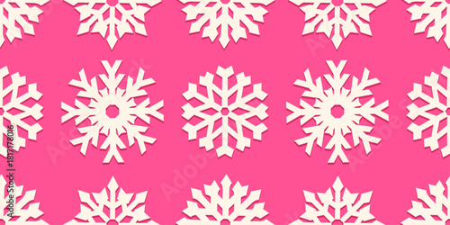 Seamless pattern with white paper cut out snowflakes on a pink background. Festive winter illustration for Christmas wrapping paper, holiday cards, seasonal crafts, and cheerful New Year projects.