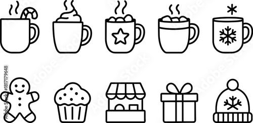 Vintage Christmas toys and gifts icons set. Rocking horse, nutcracker, teddy bear, decorations. Outline vector illustrations