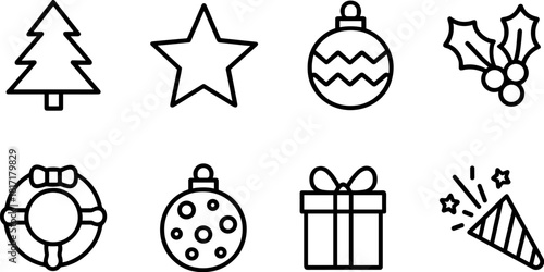 Vintage Christmas toys and gifts icons set. Rocking horse, nutcracker, teddy bear, decorations. Outline vector illustrations