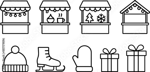 Vintage Christmas toys and gifts icons set. Rocking horse, nutcracker, teddy bear, decorations. Outline vector illustrations