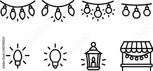 Vintage Christmas toys and gifts icons set. Rocking horse, nutcracker, teddy bear, decorations. Outline vector illustrations