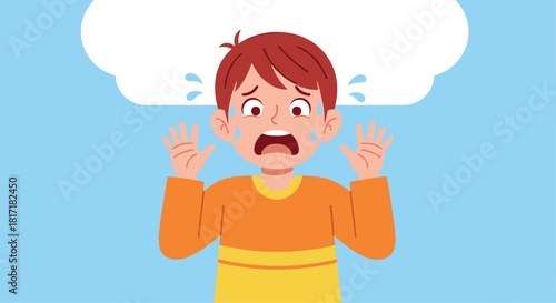 Cartoon illustration of a terrified young boy with wide eyes and open mouth sweating and crying out in fear with his hands up.