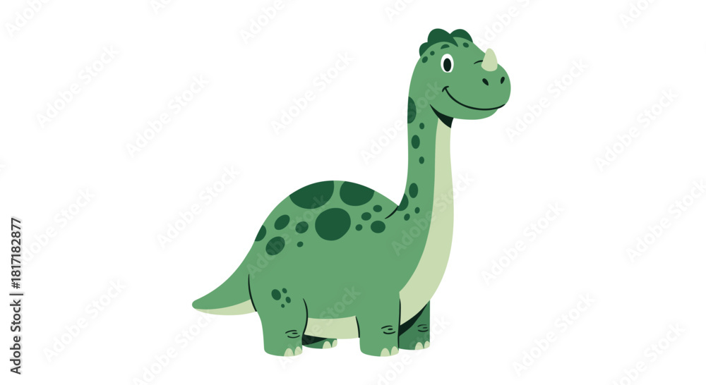 Obraz premium Adorable and friendly green cartoon dinosaur with dark green spots and a small horn on its nose smiling sweetly on a white background.