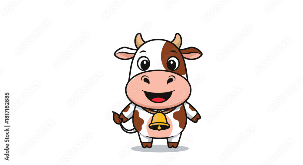 Fototapeta premium Happy and cute standing cartoon cow with brown spots and a large gold bell around its neck smiling with an open mouth.