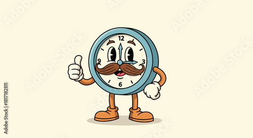 Friendly retro cartoon clock character with a mustache and shoes giving a thumbs-up gesture with a big smile on its face.
