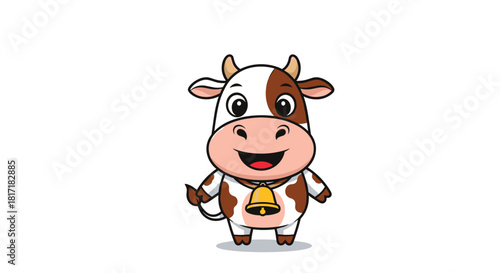 Happy and cute standing cartoon cow with brown spots and a large gold bell around its neck smiling with an open mouth.