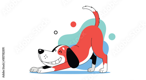 Happy cartoon beagle dog in a playful bow pose stretching with a big smile against an abstract colorful background shape.