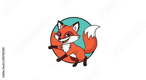 Playful cartoon fox character with a sly smile running out of a circular green frame in a dynamic and energetic logo design.