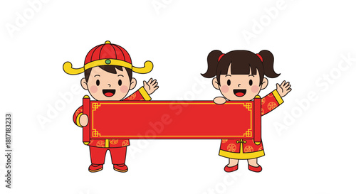 Cute cartoon boy and girl in traditional red Chinese costumes holding up a blank red scroll for Chinese New Year greetings.