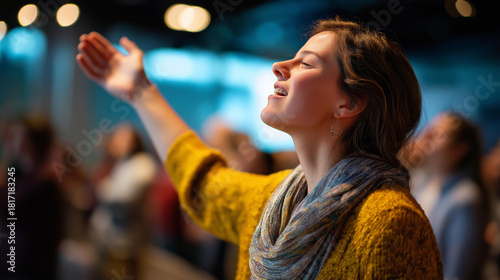 Worshippers in passionate spiritual expression faceless congregation defocused church assembly background praising praying scene holy gathering atmosphere cheering crowd