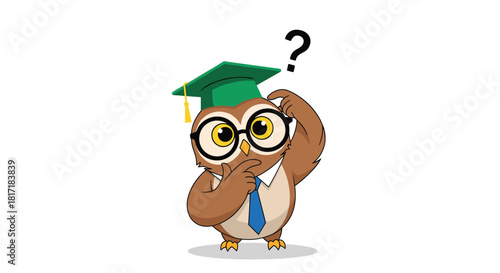 Confused but wise cartoon owl wearing a graduation cap and glasses scratching its head with a large question mark above it.