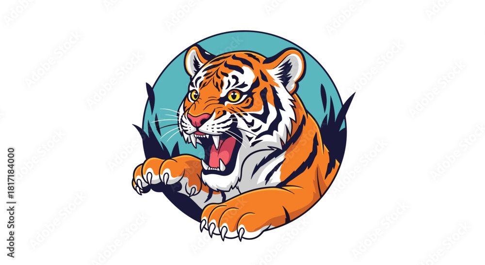 Fototapeta premium Fierce and powerful tiger mascot roaring and clawing its way out of a circular frame in an aggressive and dynamic pose.