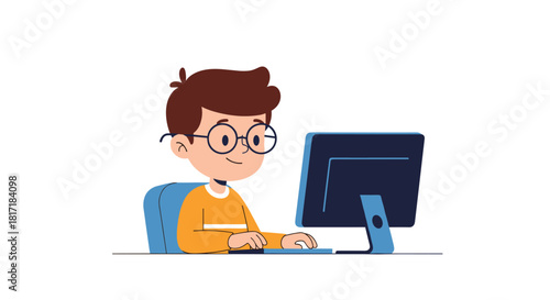 Smart young boy with glasses smiling while sitting at a desk and using a desktop computer for learning or playing online games.