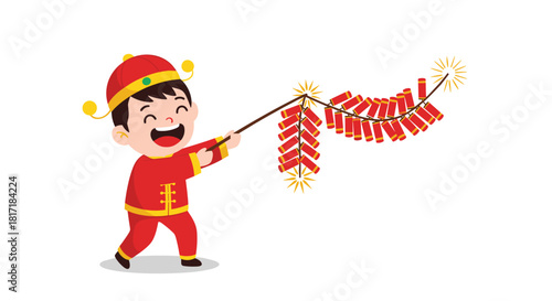 Excited young boy in a traditional red Chinese costume happily setting off a long string of firecrackers for the New Year.