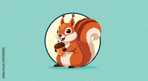 Cute cartoon squirrel with a fluffy tail holding an acorn and smiling happily inside a circular frame on a teal background.