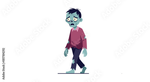 Full body cartoon of a sad and tired zombie with green skin and torn clothes walking slowly with a dejected expression.