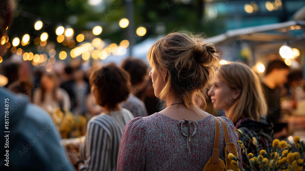 Obraz premium Dynamic outdoor evening marketplace with celebratory illumination faceless joyful crowd defocused festive lights background social assembly design community gathering scene