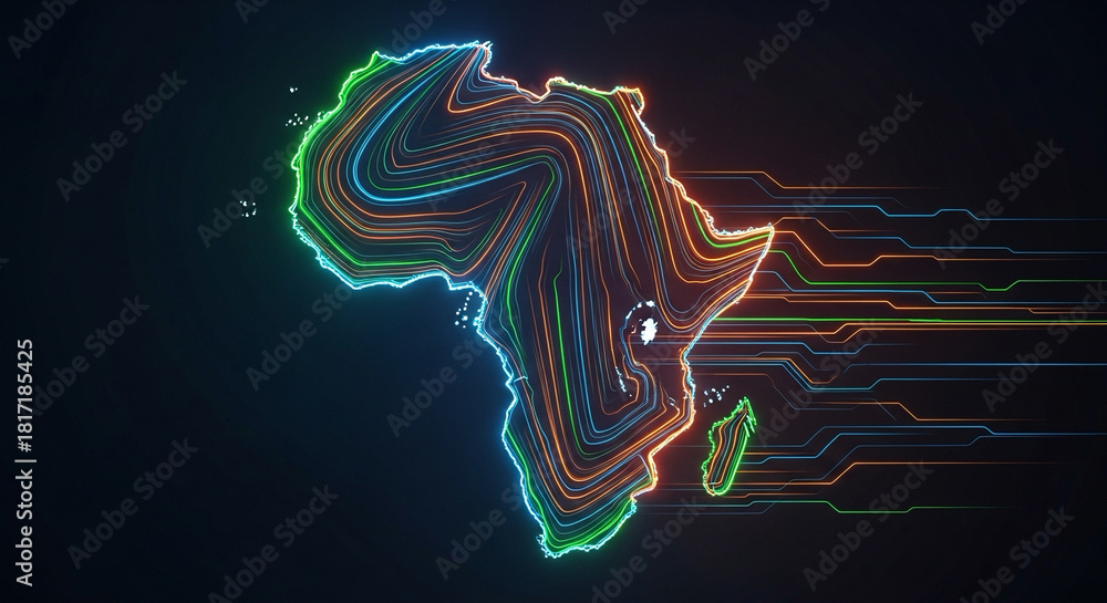 Obraz premium Abstract dynamic lines forming the shape of Africa, futuristic style, glowing gradients, clean background.