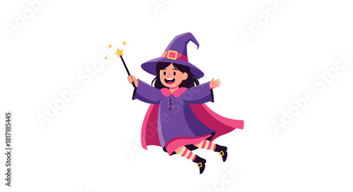 Cheerful little girl dressed as a witch in a purple cape and hat casting a magic spell with a sparkling star wand.