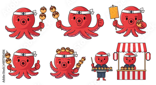 Set of cute red octopus characters selling japanese takoyaki street food from a festival stall in various fun poses.