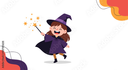 Happy little girl in a purple witch costume and hat is running and casting a spell with her sparkling magic wand.
