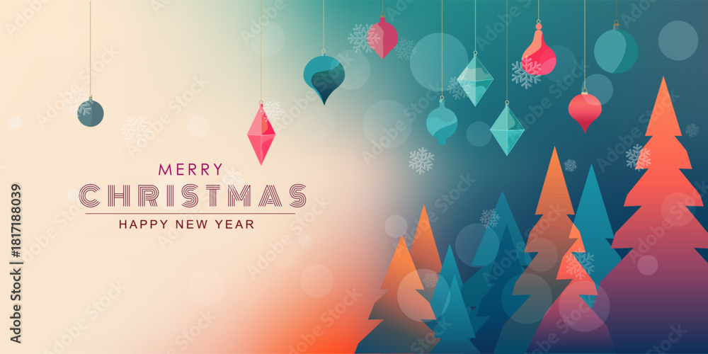 Naklejka premium Colourful Christmas tree banner. Cartoon decoration elements. Vector illustration
