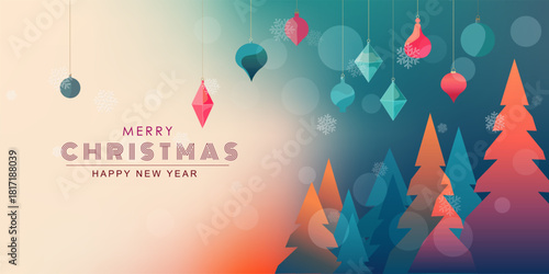 Colourful Christmas tree banner. Cartoon decoration elements. Vector illustration