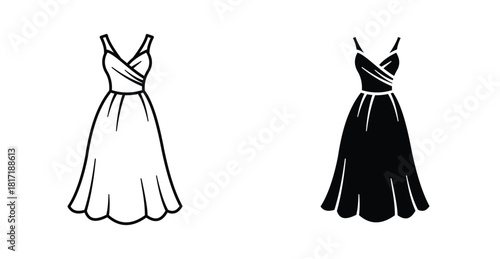 Evening dress icon set. Evening dress vector symbol in black filled and outlined style.