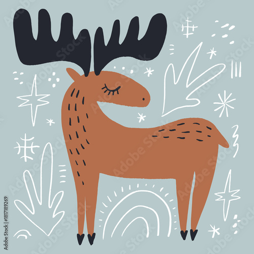 Boho tribal celestial ornate moose character vector hand drawn illustration. Modern folk patterned Norwegian woodland fauna with horns north animal in Scandinavian style. Floral Slovak ornamental