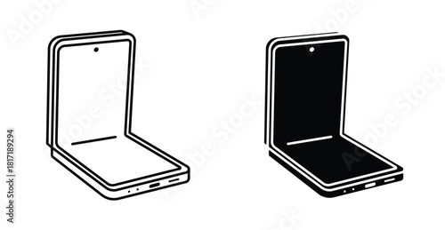 Foldable Screen Phone Icon Set. Foldable screen phone vector symbol in black filled and outlined style.
