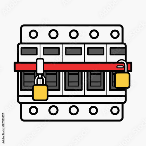 Multi-breaker electrical panel illustration for power distribution and maintenance safety content