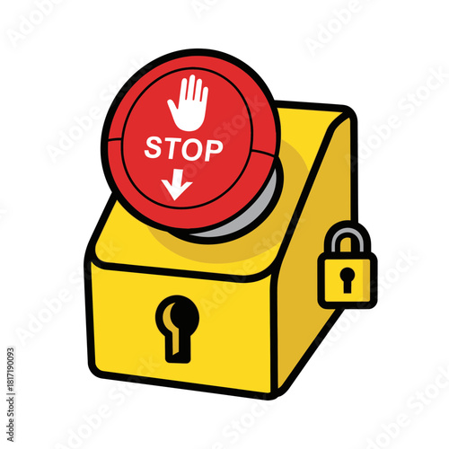 Emergency stop lockbox button symbol for high-risk equipment shutdown awareness and training materials