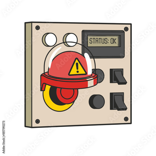 Safety control panel secured with emergency lockout tag to prevent unauthorized operation during servicing
