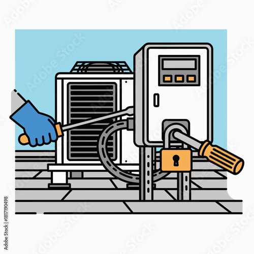 Technician applying LOTO devices on machinery wiring to prevent unexpected electrical energization