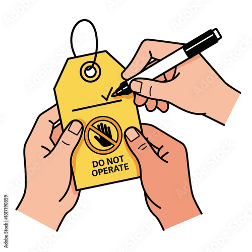 Hands writing on yellow lockout tag while attaching safety padlock during essential equipment isolation steps