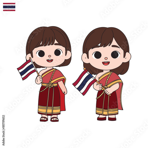 Illustration featuring two cute, chibi-style characters. They are both dressed in traditional Thai clothing and are holding Thai flags lineal hand-drawn