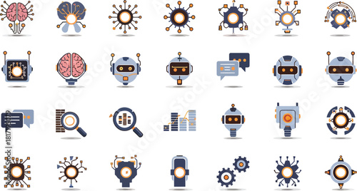 Collection of modern abstract icons representing artificial intelligence concepts like brains robots search data and technology in a digital network
