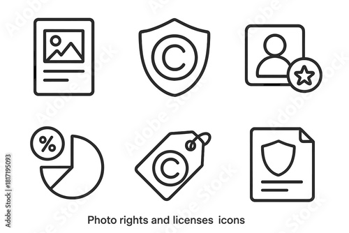 Photo Rights Icons. Line style icons of photo rights and licenses: usage rights document, copyright shield, creator attribution