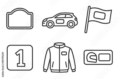 Rally Sponsorship Icons. Line style icons of rally sponsors and branding: rally badge, sponsor logo on car, branded flag, race