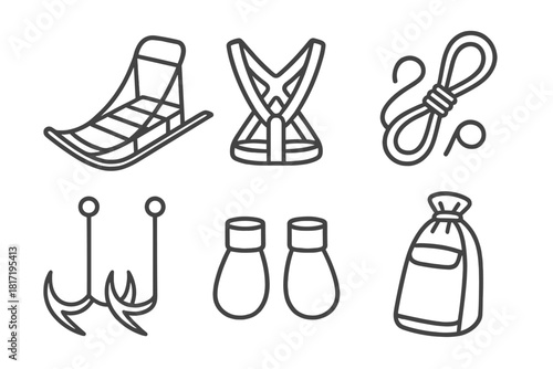 Dog Sledding Gear Icons. Line style icons of dog sledding equipment: sled with runners, dog harness, gangline rope, snow hooks,