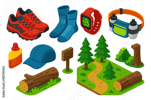 Trail Running Gear Icons. Isometric vector illustration set Outdoor sports – trail running shoes, moisture-wick socks, GPS watch;