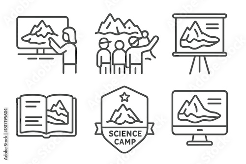 Glacier Learning Icons. Line style icons of glacier-related education: interactive glacier exhibit, school visit to glacier site,