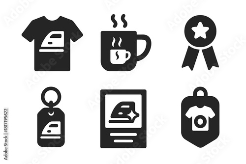 Ironing Fan Merchandise. Solid style icons of ironing fan merchandise: branded t-shirt with iron, mug with steam icon, fan badge
