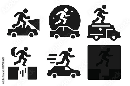 Nighttime Vehicle Parkour. Solid style icons of nighttime vehicle parkour: runner in headlights icon, moonlit jump badge, neon-lit