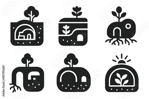 Underground Living Ecosystems. Solid style icons of underground living ecosystems: root-vault shelter, layered eco-chamber,