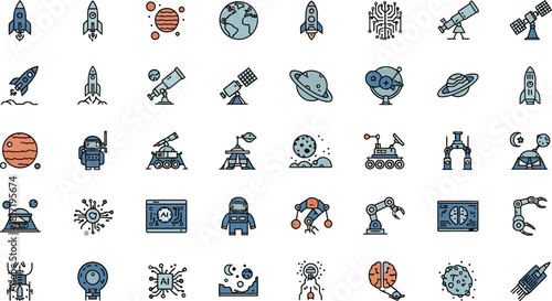 Collection of diverse abstract robotic and futuristic technology icons presented in a grid layout for digital design and conceptual art