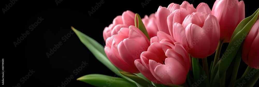 Obraz premium Vibrant pink tulips with green leaves against a black background