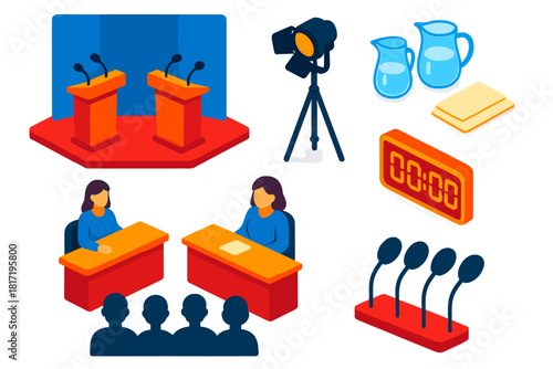 Vibrant Debate Stage. Isometric vector illustration set Voting and elections – debate stage podium, microphone array, spotlight;
