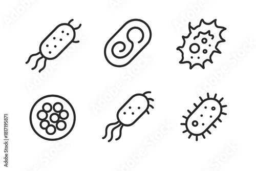 Bacteria Line Icons. Line style icons of bacteria types involved: Ideonella sakaiensis icon, engineered strain cell, natural