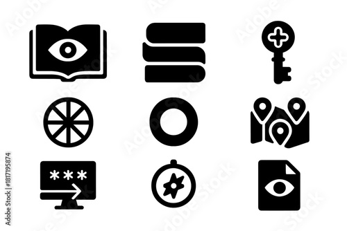 Symbolism Course Icons. Solid style icons of symbolism courses: open book with eye icon, layered meaning chart, symbolic key badge